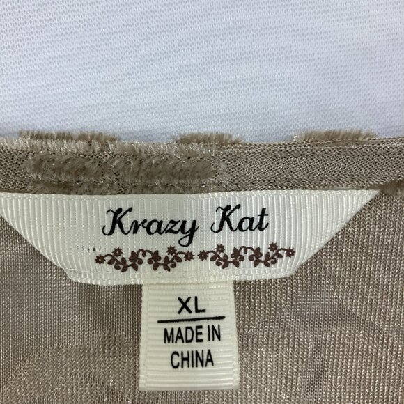 Krazy Kat size XL Tan Brown Lace Embroidered Velvet Artsy Abstract Stretch Top - Picture 2 of 9